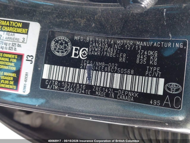 40068917 :رقم المزاد ، 2T1BU4EE8BC750568 vin ، 2011 Toyota Corolla S/le مزاد بيع