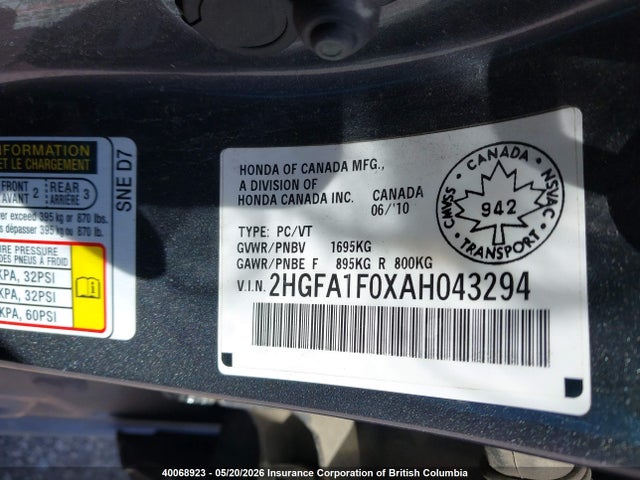 Продаж на аукціоні авто 2010 Honda Civic, vin: 2HGFA1F0XAH043294, номер лоту: 40068923