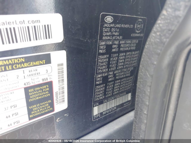 2016 Land Rover Range Rover Diesel Td6 Hse მანქანა იყიდება აუქციონზე, vin: SALGS2KF7GA294595, აუქციონის ნომერი: 40068926