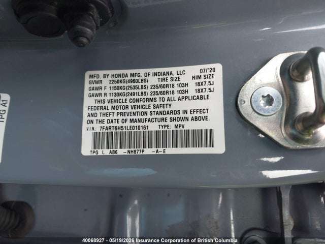 40068927 :رقم المزاد ، 7FART6H51LE010161 vin ، 2020 Honda Cr-v مزاد بيع