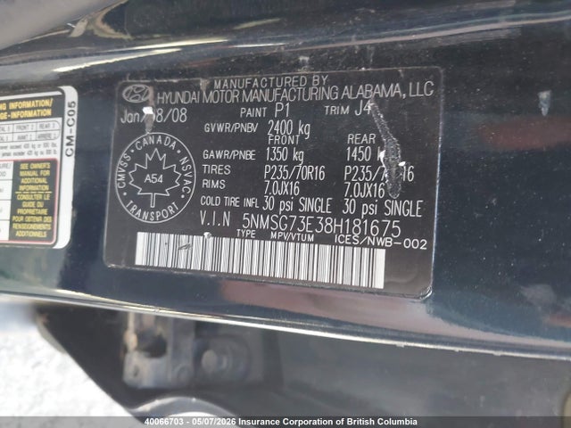 2008 Hyundai Santa Fe Gl მანქანა იყიდება აუქციონზე, vin: 5NMSG73E38H181675, აუქციონის ნომერი: 40066703