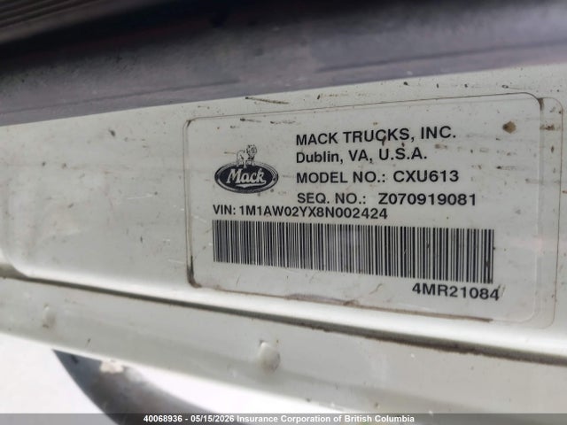 Продажа на аукционе авто 2008 Mack 600 Cxu, vin: 1M1AW02YX8N002424, номер лота: 40068936