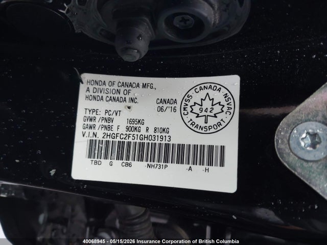 Продаж на аукціоні авто 2016 Honda Civic, vin: 2HGFC2F51GH031913, номер лоту: 40068945