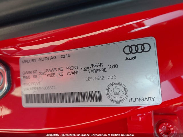 40068946 :رقم المزاد ، WAUKFRFF1F1008342 vin ، 2015 Audi A3 مزاد بيع