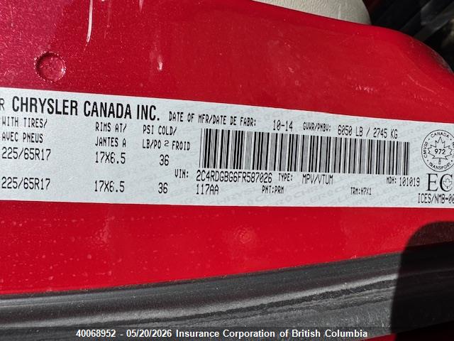 2015 Dodge Grand Caravan Se მანქანა იყიდება აუქციონზე, vin: 2C4RDGBG6FR587026, აუქციონის ნომერი: 40068952