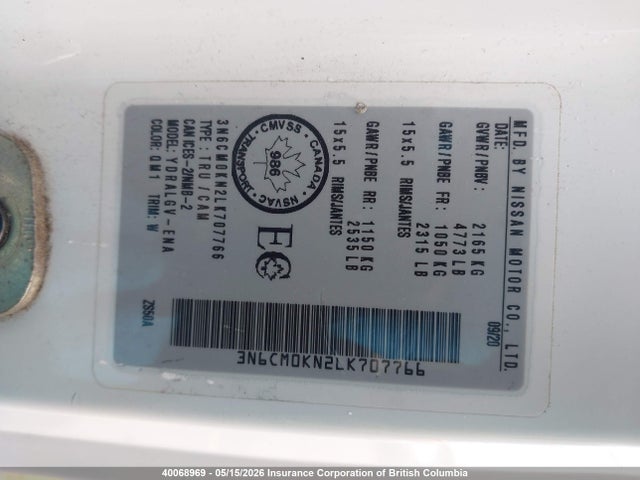 40068969 :رقم المزاد ، 3N6CM0KN2LK707766 vin ، 2020 Nissan Nv200 2.5s/2.5sv مزاد بيع