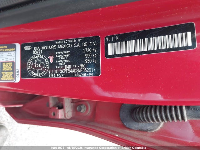 40068973 :رقم المزاد ، 3KPF54AD8ME352017 vin ، 2021 Kia Forte مزاد بيع