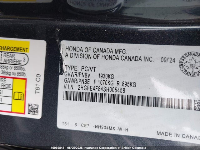 Aukcja sprzedaży 2025 Honda Civic Sport/sport Touring, vin: 2HGFE4F84SH005458, numer aukcji: 40066848