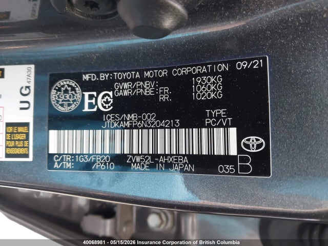 JTDKAMFP6N3204213 Toyota Prius
