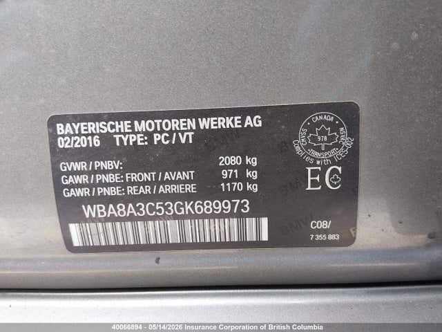 Продажа на аукционе авто 2016 Bmw 320 Xi, vin: WBA8A3C53GK689973, номер лота: 40066894