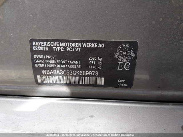 Продажа на аукционе авто 2016 Bmw 320 Xi, vin: WBA8A3C53GK689973, номер лота: 40066894