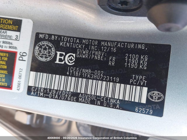 Aukcja sprzedaży 2017 Toyota Camry, vin: 4T1BF1FK3HU723119, numer aukcji: 40069000