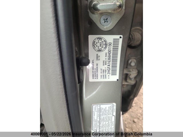 Aukcja sprzedaży 2006 Honda Civic, vin: 2HGFA16366H001190, numer aukcji: 40069001