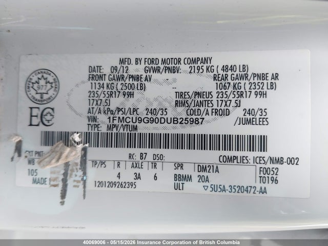 Продажа на аукционе авто 2013 Ford Escape Se, vin: 1FMCU9G90DUB25987, номер лота: 40069006