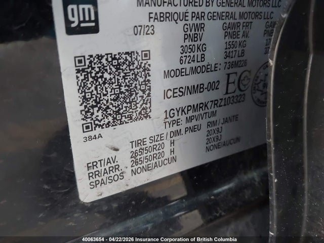 Aukcja sprzedaży 2024 Cadillac Lyriq Tech, vin: 1GYKPMRK7RZ103323, numer aukcji: 40063654