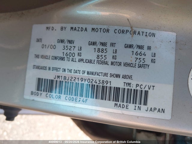 Aukcja sprzedaży 2000 Mazda Protege Es, vin: JM1BJ2219Y0243891, numer aukcji: 40069013