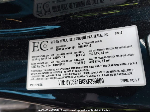 Продажа на аукционе авто 2019 Tesla Model 3, vin: 5YJ3E1EA3KF399609, номер лота: 40069020