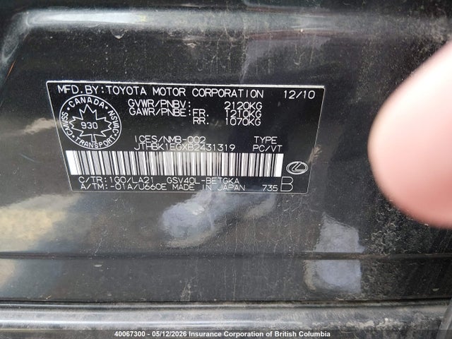 Продаж на аукціоні авто 2011 Lexus Es 350 350, vin: JTHBK1EGXB2431319, номер лоту: 40067300