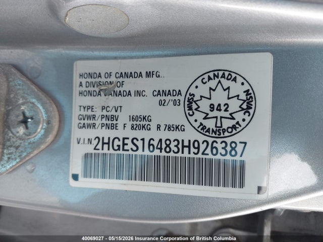 40069027 :رقم المزاد ، 2HGES16483H926387 vin ، 2003 Honda Civic مزاد بيع