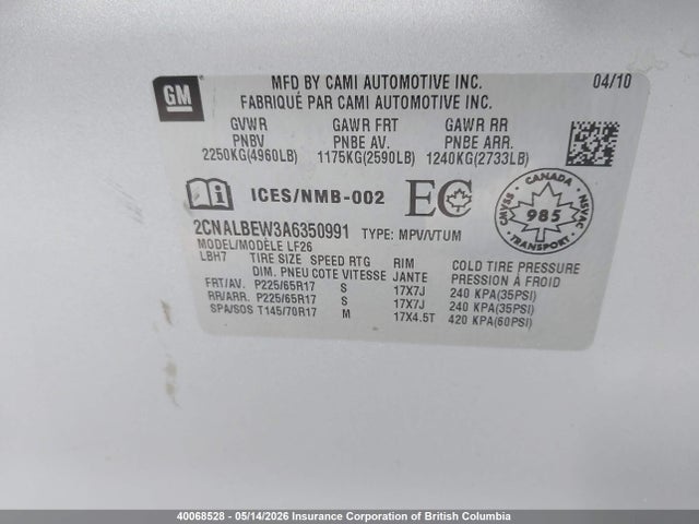 Продаж на аукціоні авто 2010 Chevrolet Equinox Ls, vin: 2CNALBEW3A6350991, номер лоту: 40068528