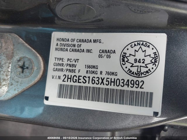 Aukcja sprzedaży 2005 Honda Civic, vin: 2HGES163X5H034992, numer aukcji: 40069056