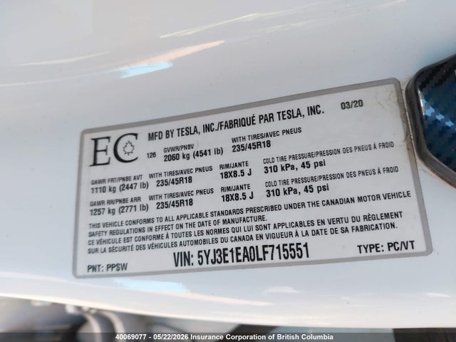 40069077 :رقم المزاد ، 5YJ3E1EA0LF715551 vin ، 2020 Tesla Model 3 Standard Range Plus مزاد بيع