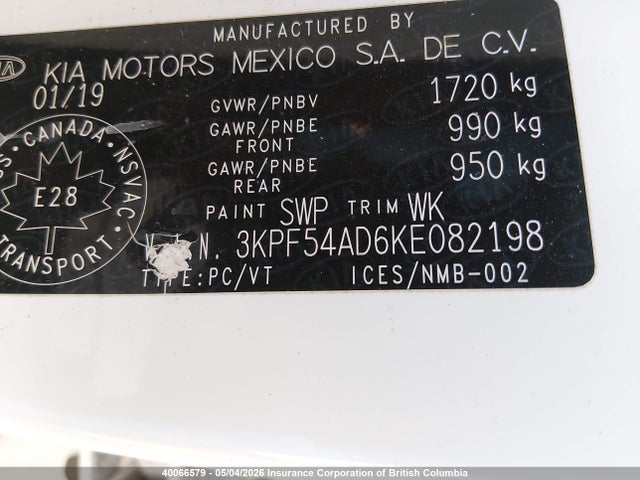 40066579 :رقم المزاد ، 3KPF54AD6KE082198 vin ، 2019 Kia Forte Ex مزاد بيع
