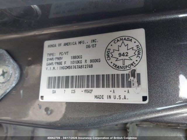 Aukcja sprzedaży 2007 Honda Accord Ex, vin: 1HGCM56747A812748, numer aukcji: 40062709