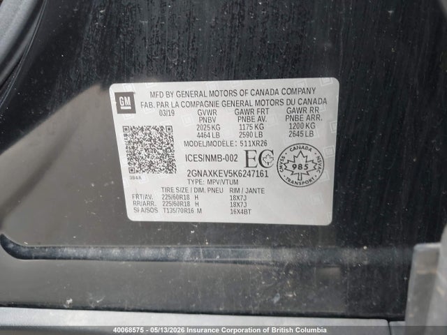 Продаж на аукціоні авто 2019 Chevrolet Equinox Lt, vin: 2GNAXKEV5K6247161, номер лоту: 40068575