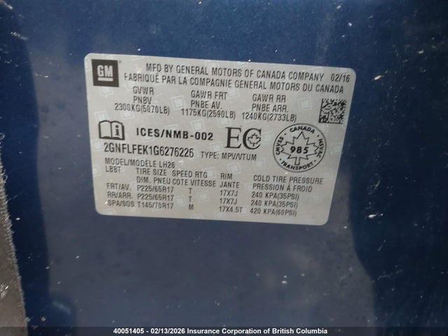 2016 Chevrolet Equinox Lt მანქანა იყიდება აუქციონზე, vin: 2GNFLFEK1G6276226, აუქციონის ნომერი: 40051405