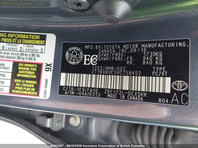 40063387 :رقم المزاد ، 2T1BURHE5HC758452 vin ، 2017 Toyota Corolla L/le/xle/se/xse مزاد بيع