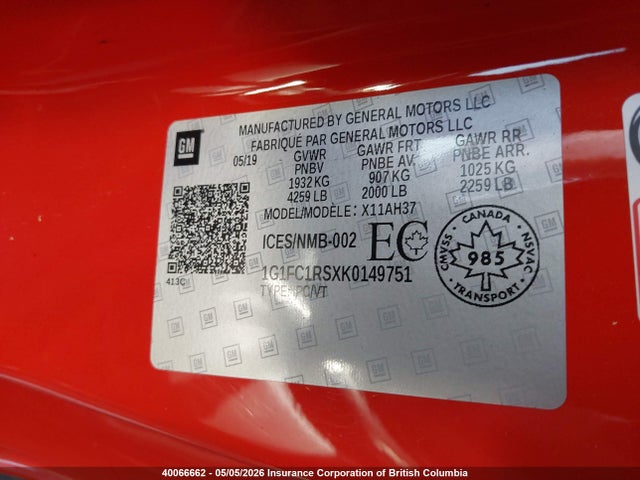 1G1FC1RSXK0149751 Chevrolet CAMARO LT