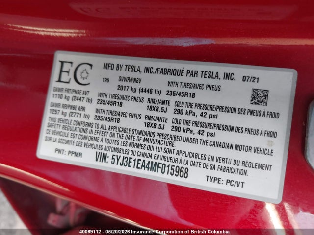 Aukcja sprzedaży 2021 Tesla Model 3, vin: 5YJ3E1EA4MF015968, numer aukcji: 40069112
