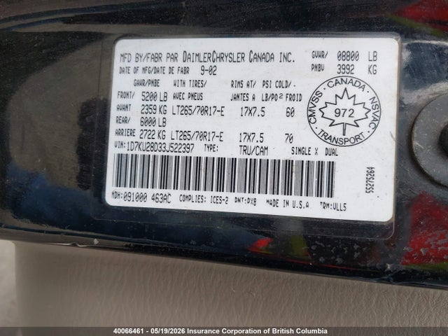 Aukcja sprzedaży 2003 Dodge Ram 2500 St/slt, vin: 1D7KU28D33J522397, numer aukcji: 40066461