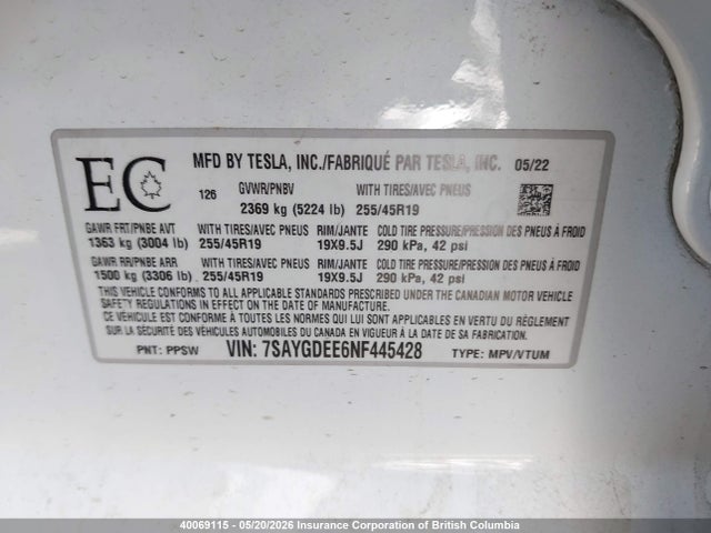 Продажа на аукционе авто 2022 Tesla Model Y, vin: 7SAYGDEE6NF445428, номер лота: 40069115