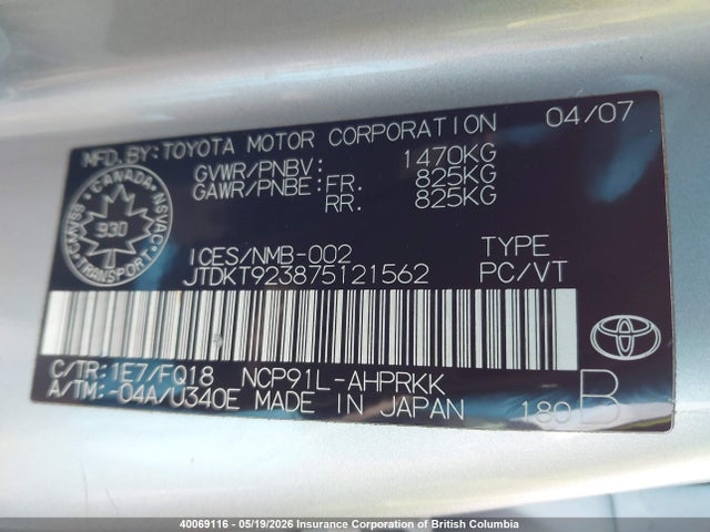 40069116 :رقم المزاد ، JTDKT923875121562 vin ، 2007 Toyota Yaris مزاد بيع