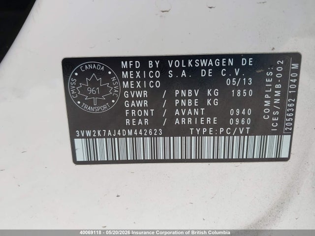 2013 Volkswagen Jetta მანქანა იყიდება აუქციონზე, vin: 3VW2K7AJ4DM442623, აუქციონის ნომერი: 40069118