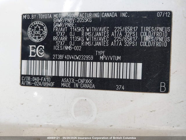 40069121 :رقم المزاد ، 2T3BF4DV4CW232959 vin ، 2012 Toyota Rav4 مزاد بيع