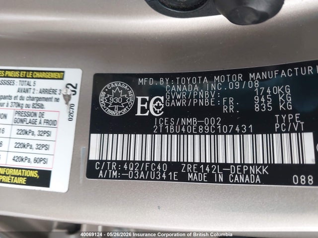 40069124 :رقم المزاد ، 2T1BU40E89C107431 vin ، 2009 Toyota Corolla S/le/xle مزاد بيع