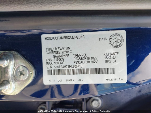 Aukcja sprzedaży 2017 Acura Rdx, vin: 5J8TB4H71HL806716, numer aukcji: 40069129