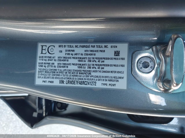 Продаж на аукціоні авто 2024 Tesla Model 3, vin: LRW3E7FA8RC241272, номер лоту: 40063428