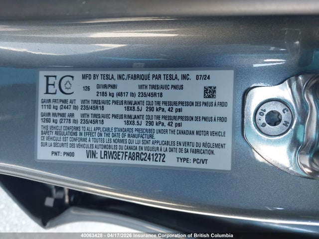 Продаж на аукціоні авто 2024 Tesla Model 3, vin: LRW3E7FA8RC241272, номер лоту: 40063428
