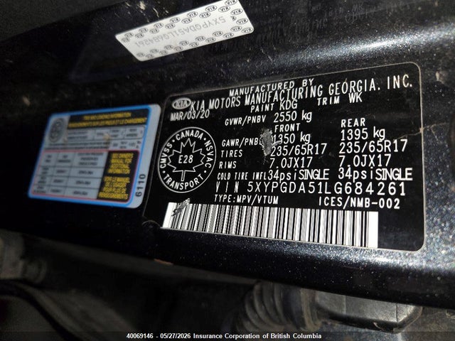 Auction sale of the 2020 Kia Sorento 3.3l Black Line/3.3l Lx+, vin: 5XYPGDA51LG684261, lot number: 40069146