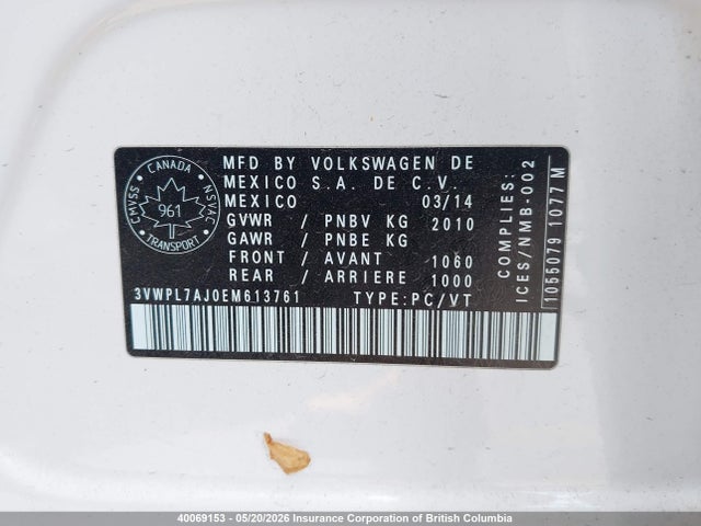 40069153 :رقم المزاد ، 3VWPL7AJ0EM613761 vin ، 2014 Volkswagen Golf مزاد بيع