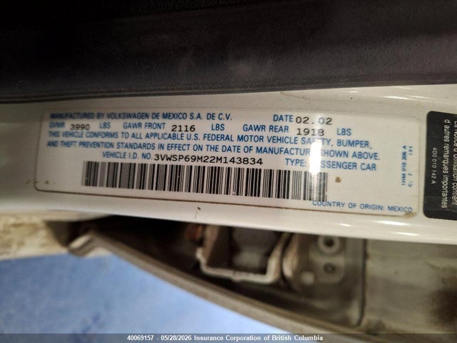 Aukcja sprzedaży 2002 Volkswagen Jetta, vin: 3VWSP69M22M143834, numer aukcji: 40069157