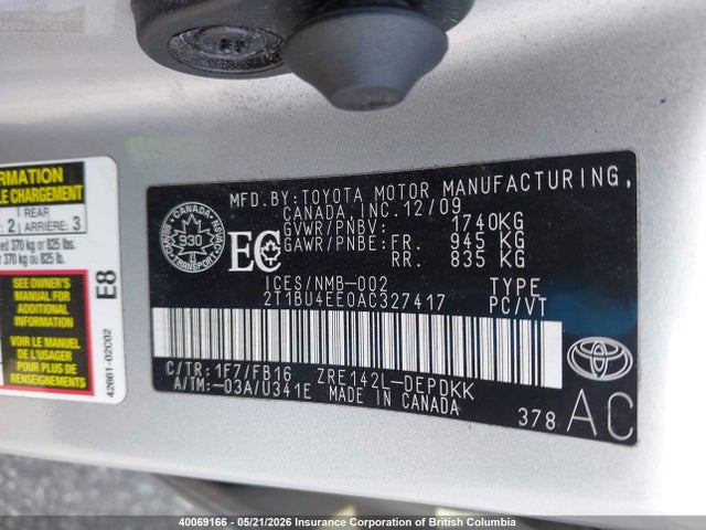 40069166 :رقم المزاد ، 2T1BU4EE0AC327417 vin ، 2010 Toyota Corolla S/le/xle مزاد بيع