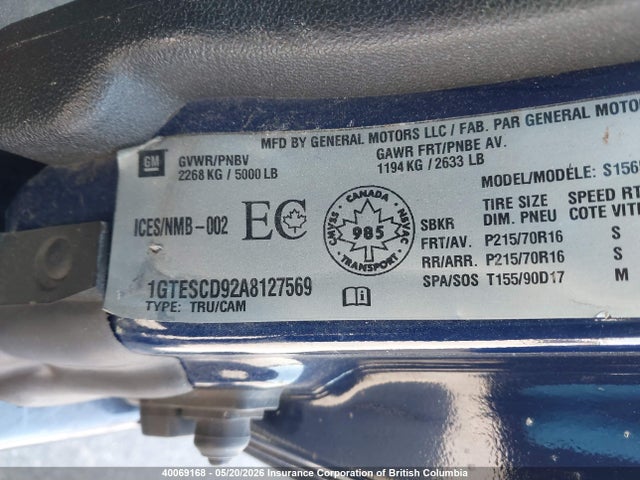 40069168 :رقم المزاد ، 1GTESCD92A8127569 vin ، 2010 Gmc Canyon Sle مزاد بيع
