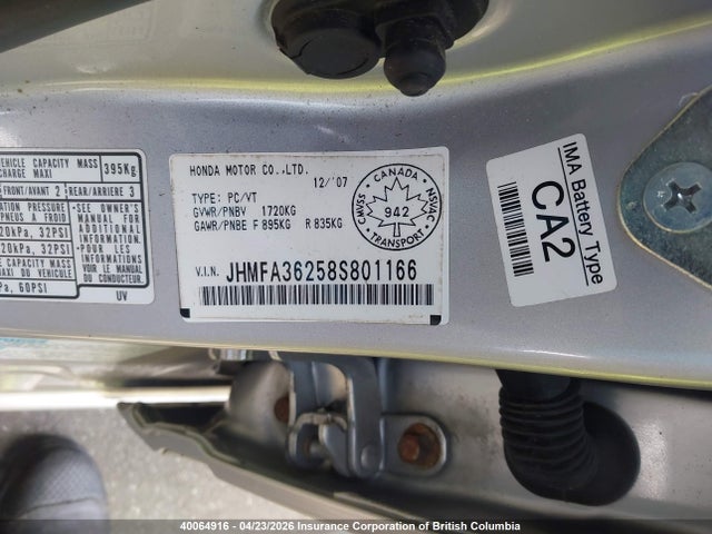 Aukcja sprzedaży 2008 Honda Civic Hybrid, vin: JHMFA36258S801166, numer aukcji: 40064916