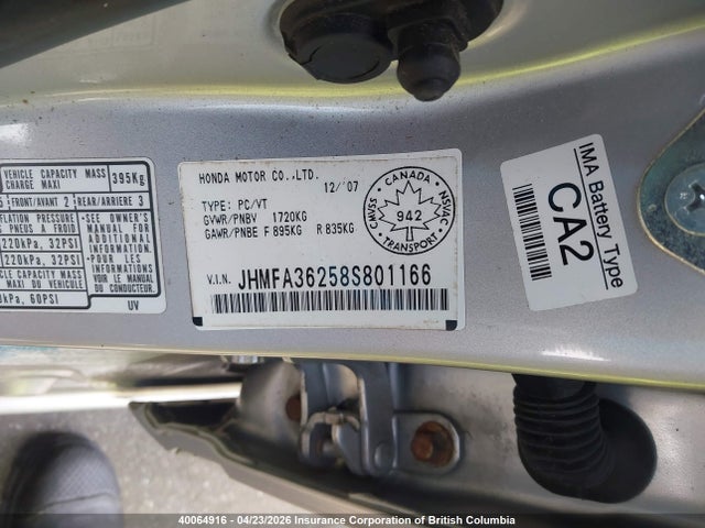Aukcja sprzedaży 2008 Honda Civic Hybrid, vin: JHMFA36258S801166, numer aukcji: 40064916
