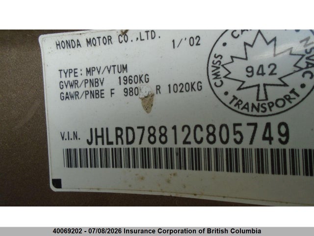 Aukcja sprzedaży 2002 Honda Cr-v, vin: JHLRD78812C805749, numer aukcji: 40069202